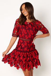 DRESSES @Reign Short Sleeve Lace Mini Dress - Wine