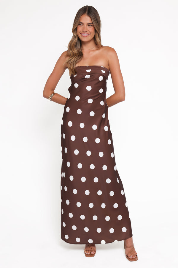 DRESSES Remmie Strapless Maxi Dress - Brown Polka Dot