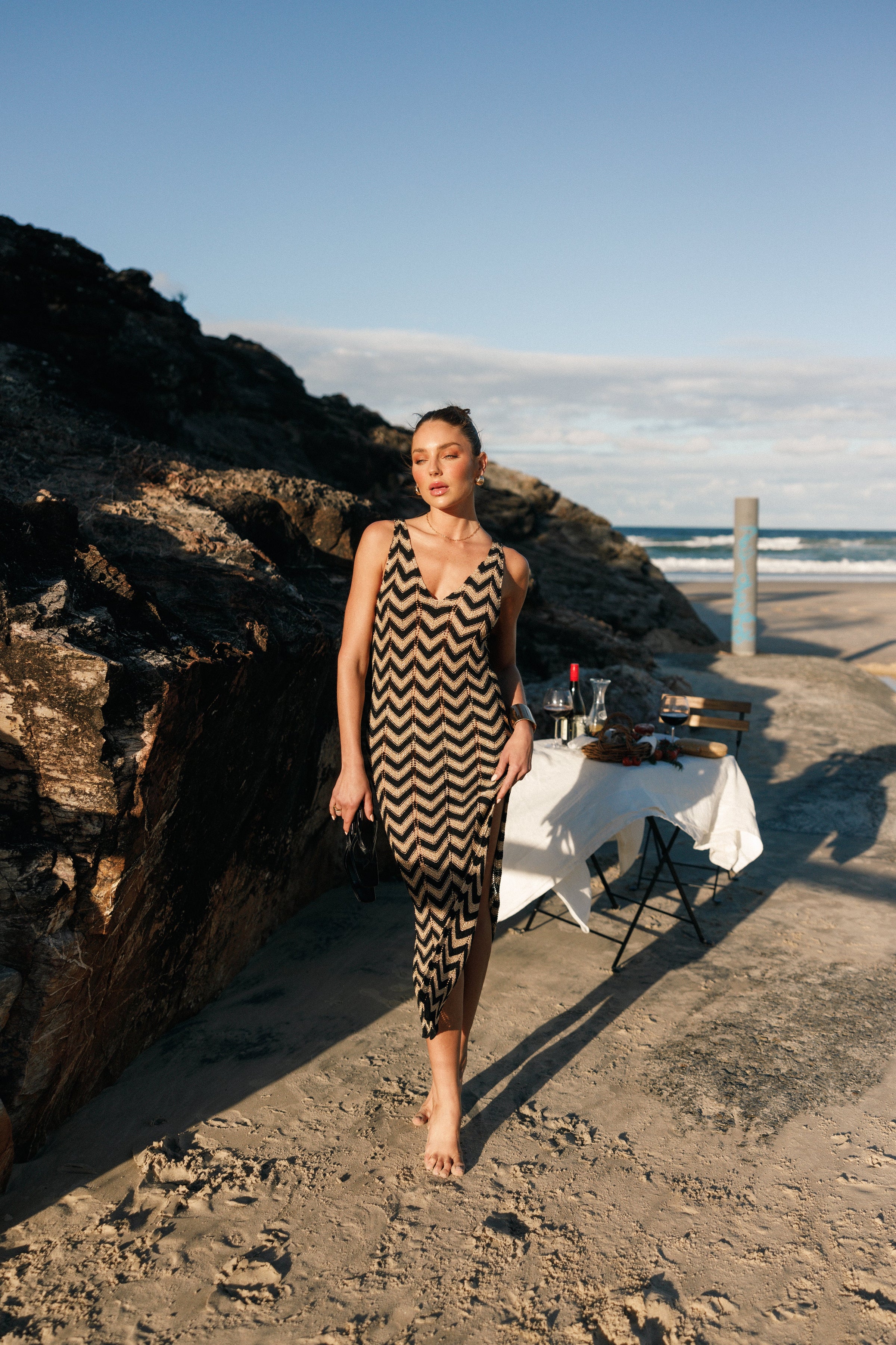 DRESSES @Rhya Midi Dress - Sand/Black (Hold for Euro Summer)