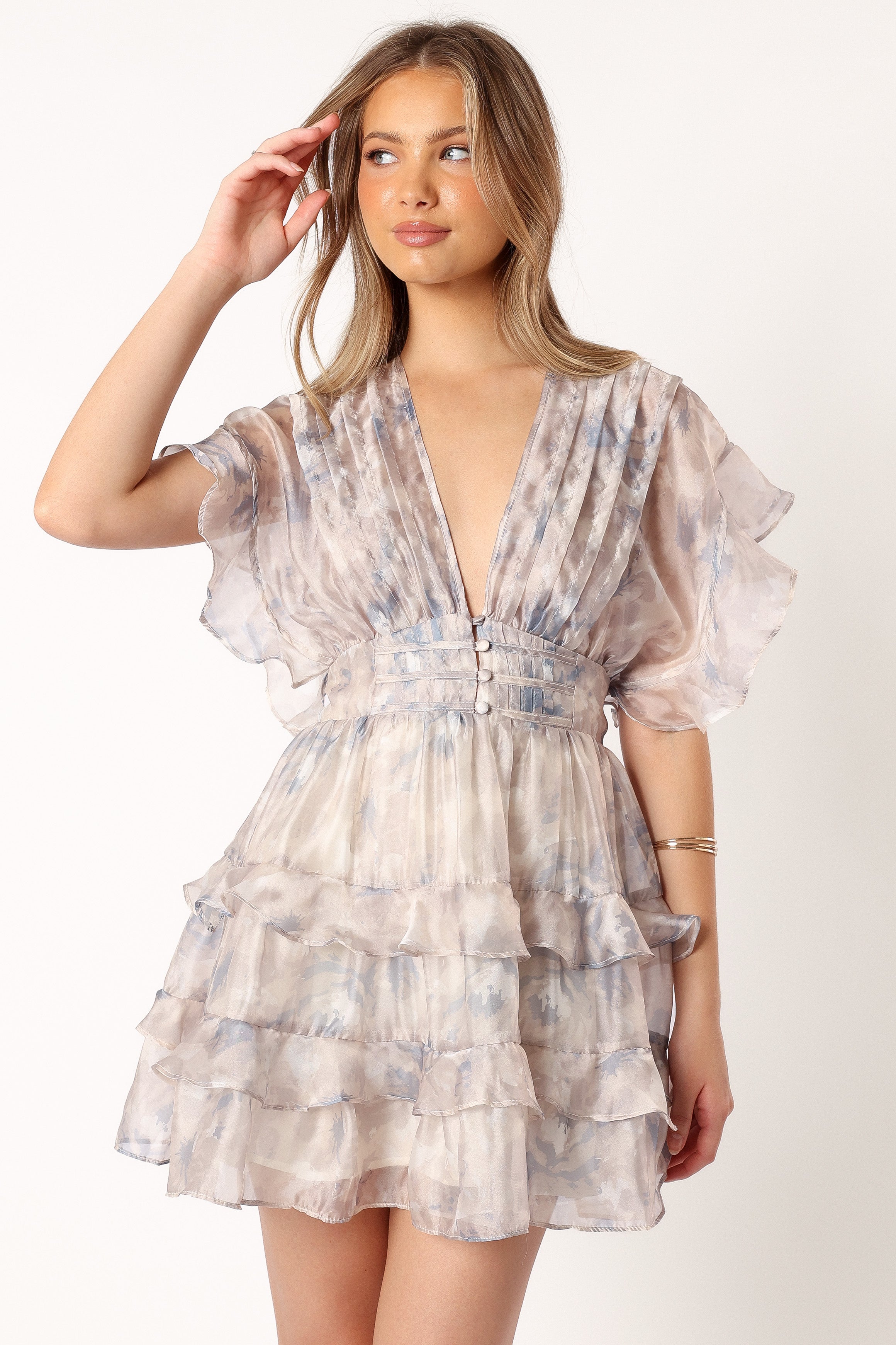 DRESSES @Rina Tiered Mini Dress - Beige Blue Floral