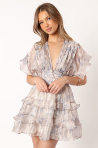 DRESSES @Rina Tiered Mini Dress - Beige Blue Floral