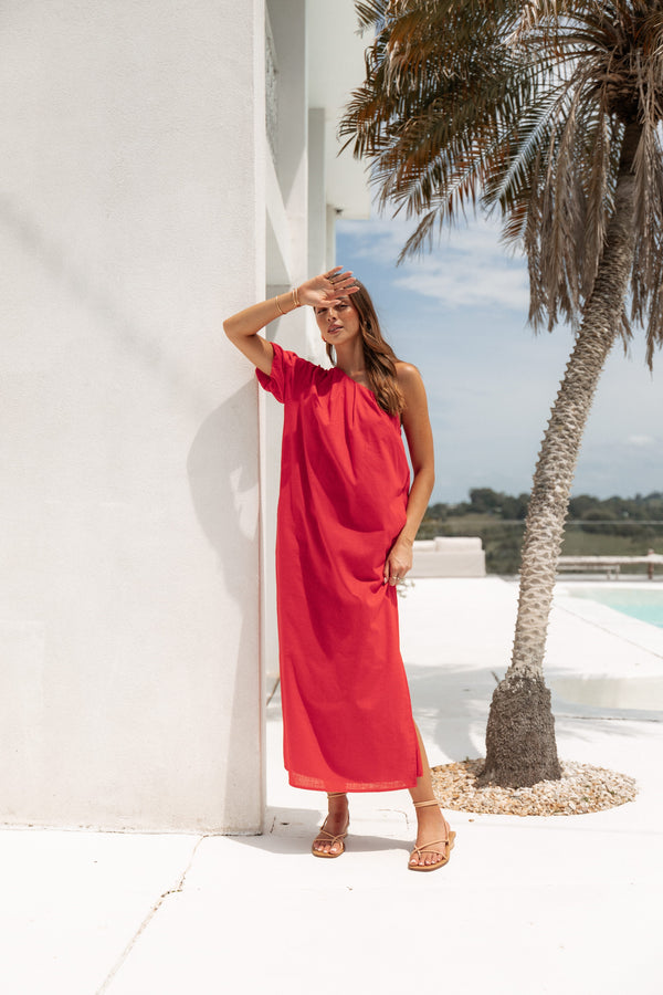 DRESSES Roma One Shoulder Midi Dress - Red
