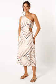 DRESSES @Ronnie One Shoulder Midi Dress - Tan Stripe