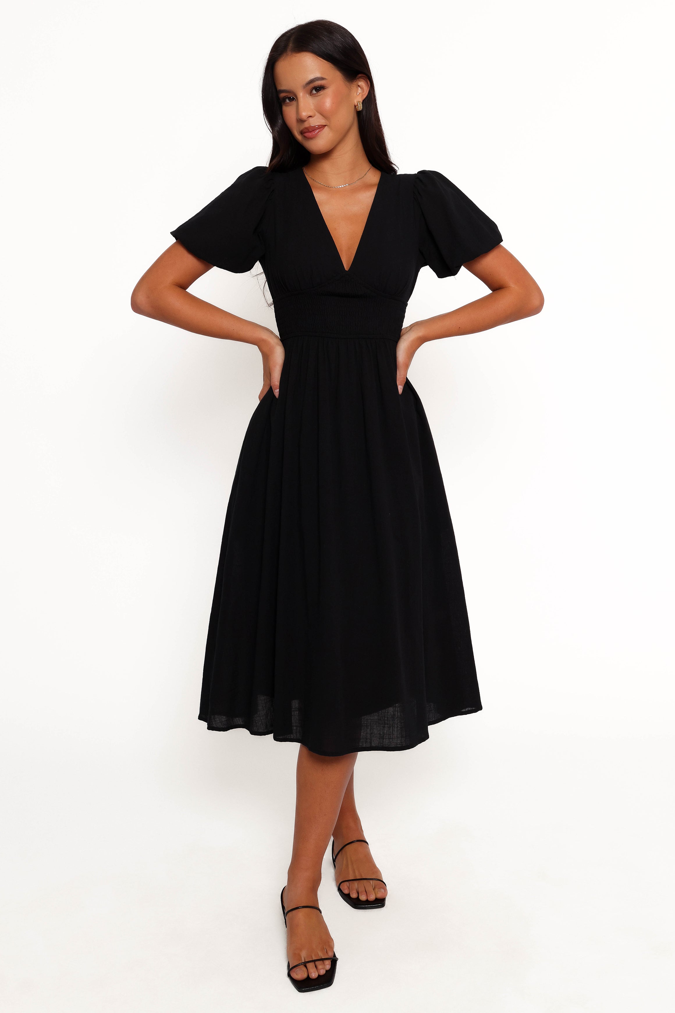 formal midi dress with short sleeves Short Sleeve Twist Drape Midi Dress Black – Roland Mouret main image 0