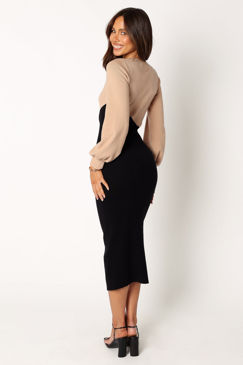 DRESSES @Sally Longsleeve Midi Dress - Beige Black