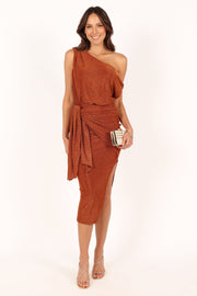 DRESSES @Santiago Off Shoulder Midi Dress - Bronze