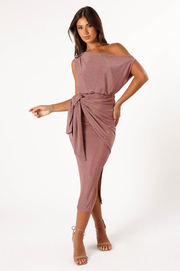 DRESSES @Santiago Off Shoulder Midi Dress - Dusty Rose