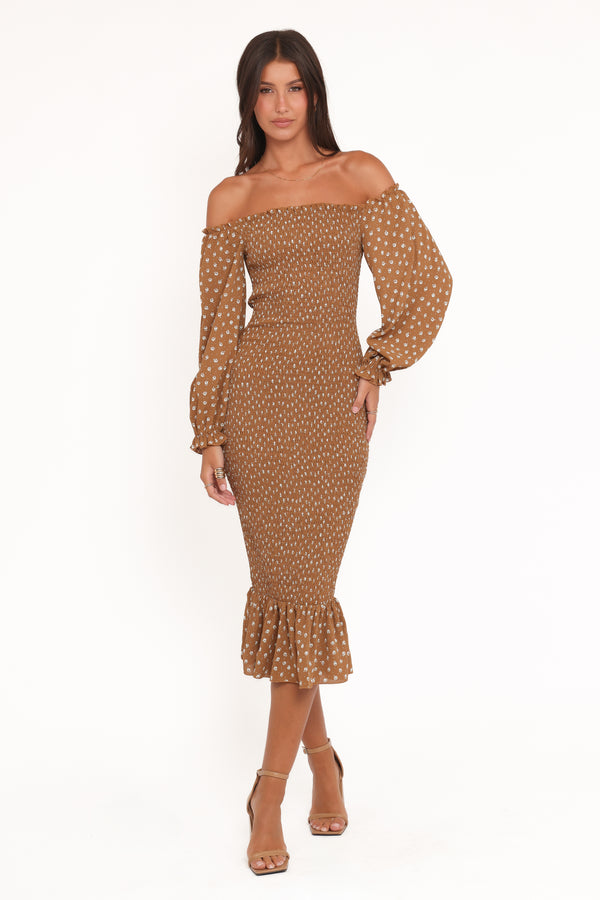 Domenica Shirred Long Sleeve Midi Dress - Beige Stripe | Petal & Pup Domenica Shirred Long Sleeve Midi Dress - Beige Stripe | Petal & Pup