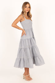 DRESSES @Savannah Midi Dress - Blue Gold Stripe