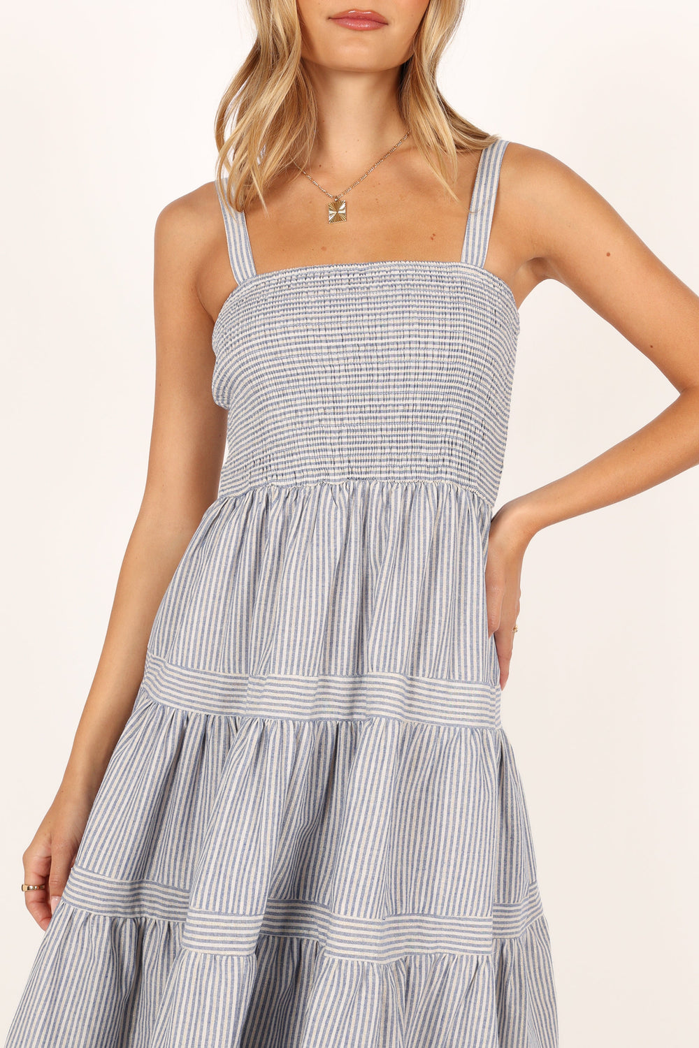 DRESSES @Savannah Midi Dress - Blue Gold Stripe