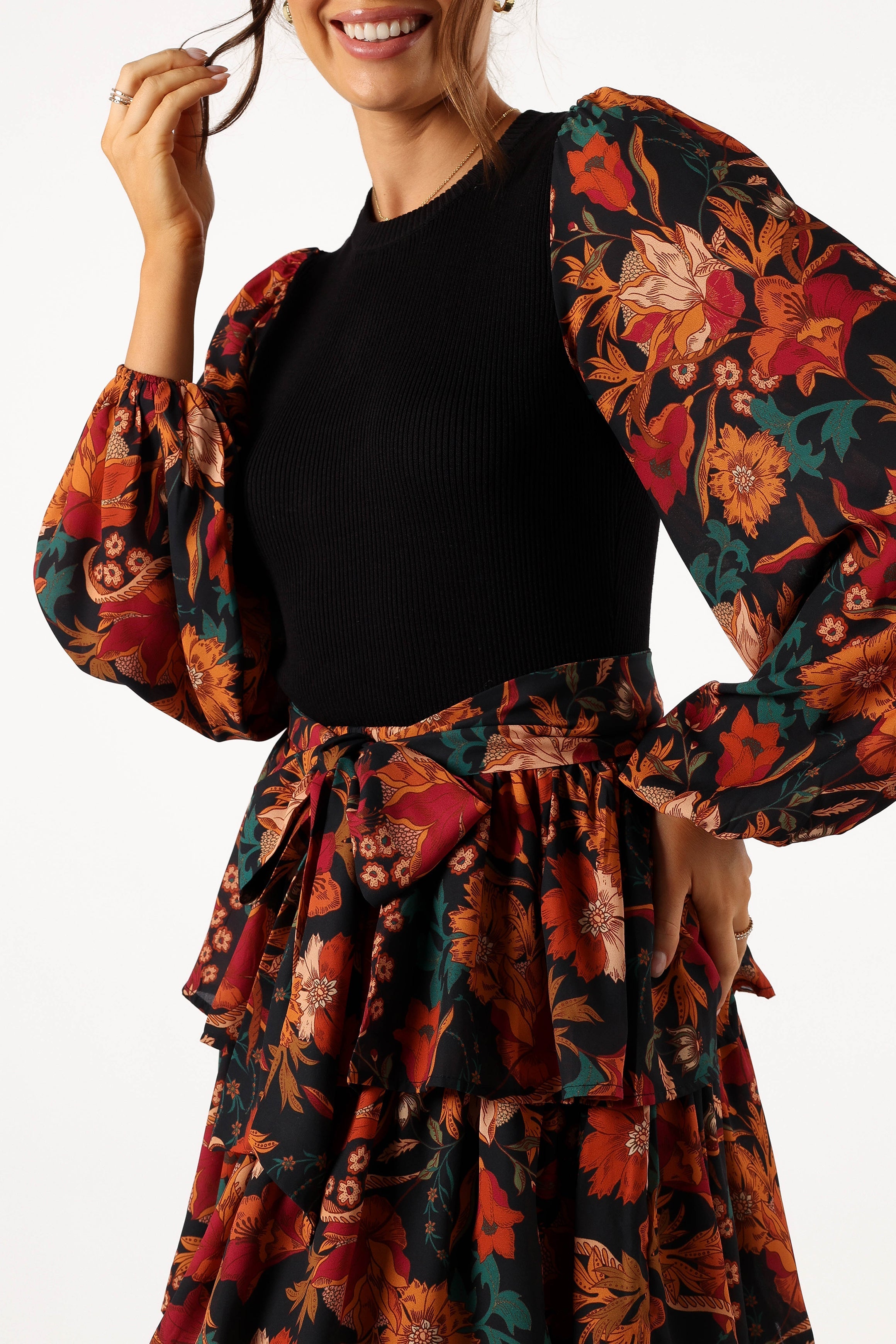 DRESSES @Sayge Frill Midi Dress - Black Floral