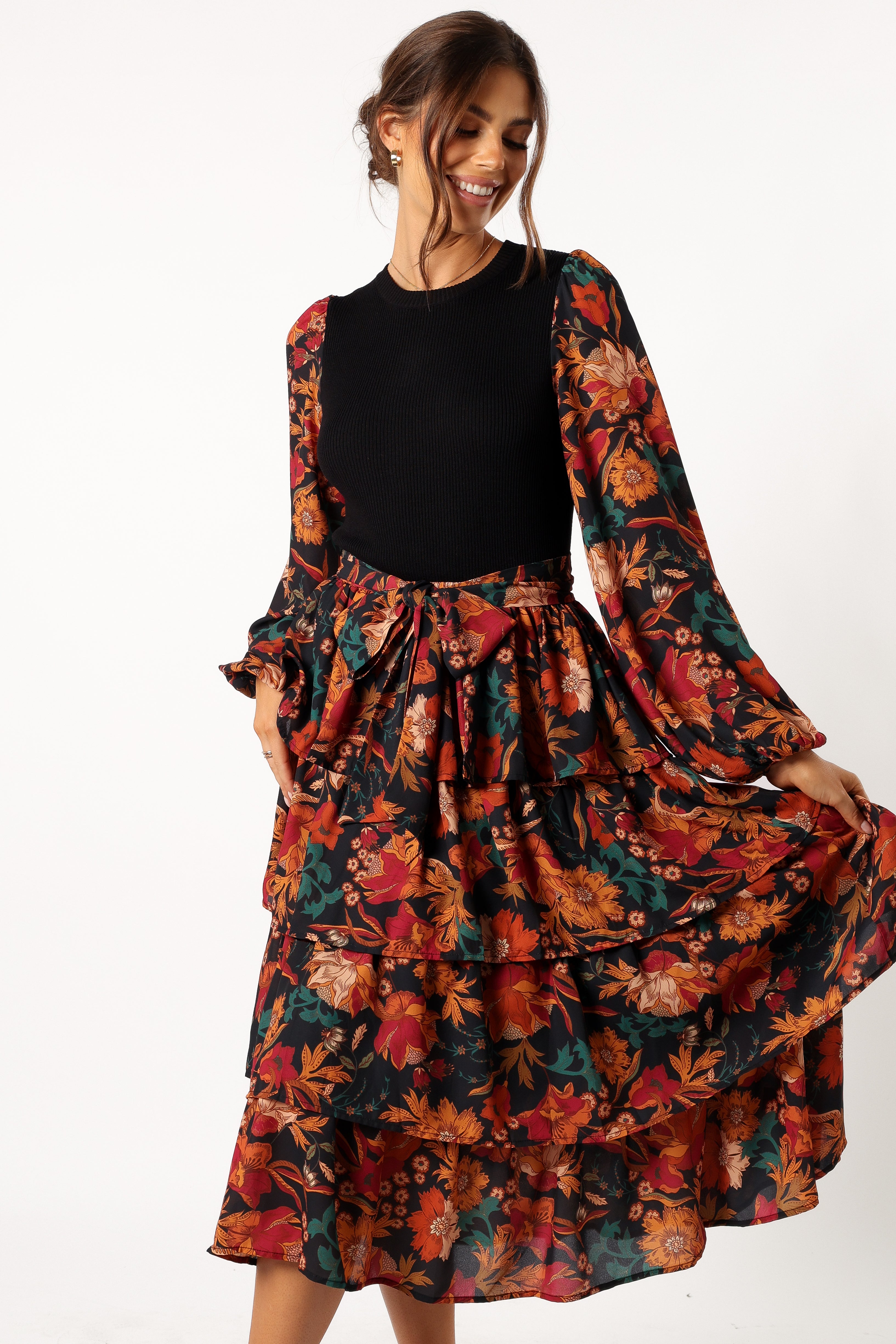 DRESSES @Sayge Frill Midi Dress - Black Floral