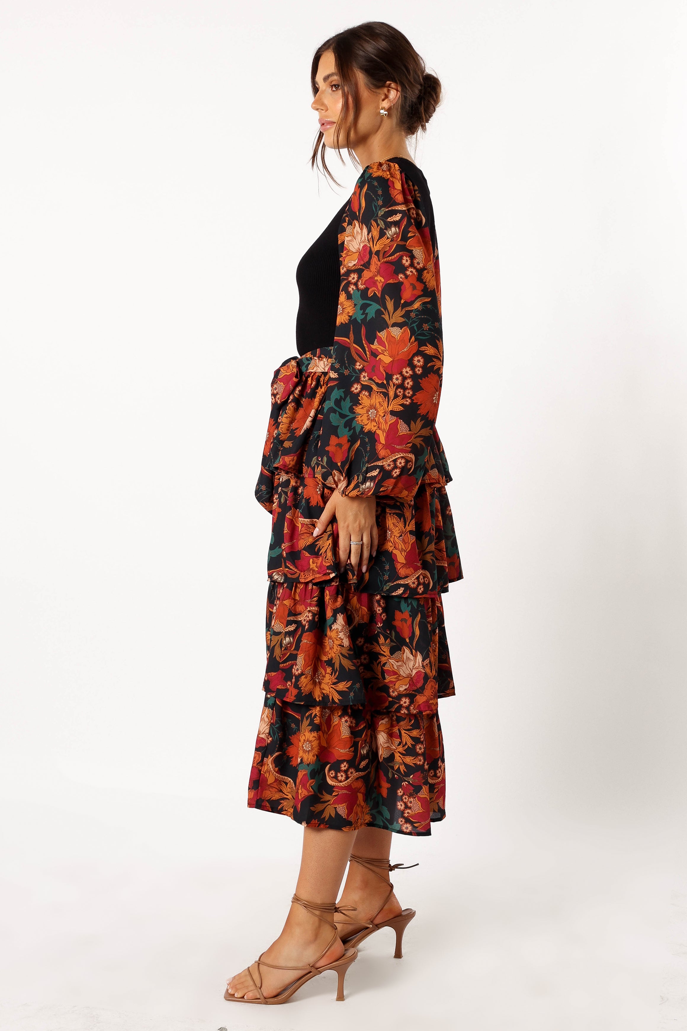 DRESSES @Sayge Frill Midi Dress - Black Floral