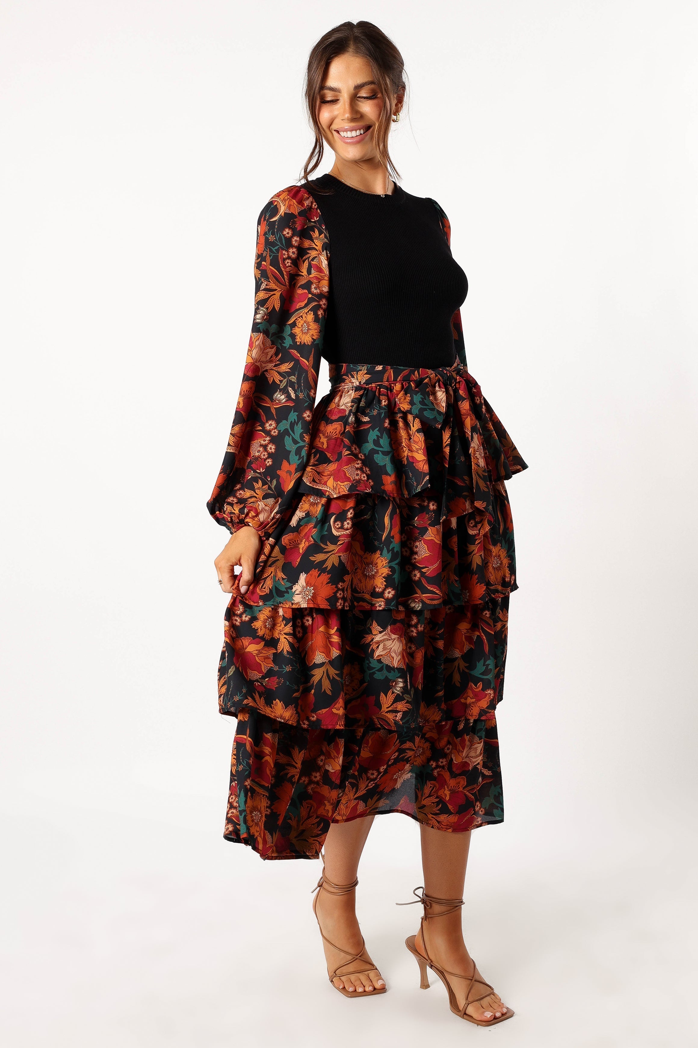 DRESSES @Sayge Frill Midi Dress - Black Floral