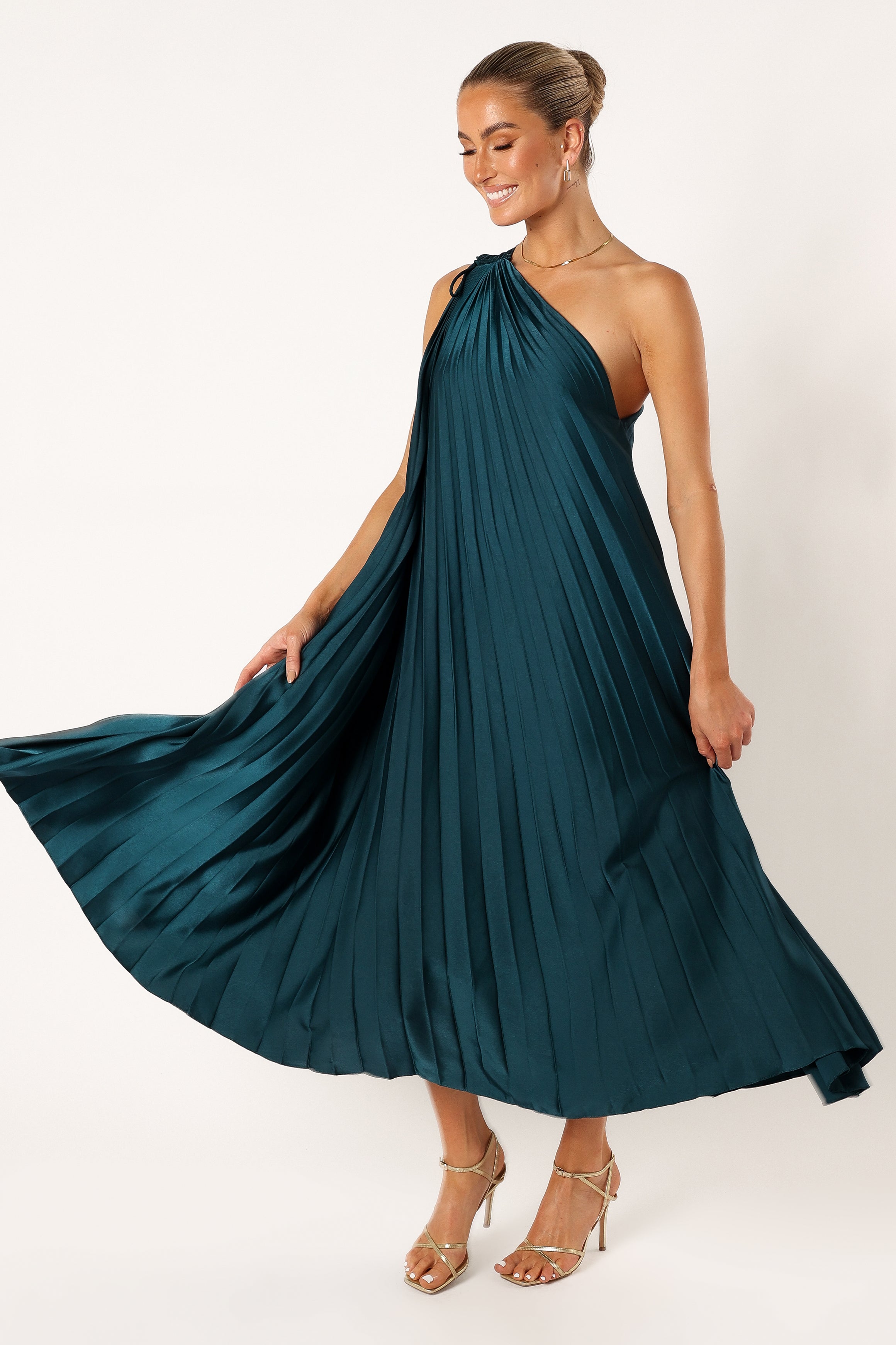 DRESSES @Selena One Shoulder Midi Dress - Emerald