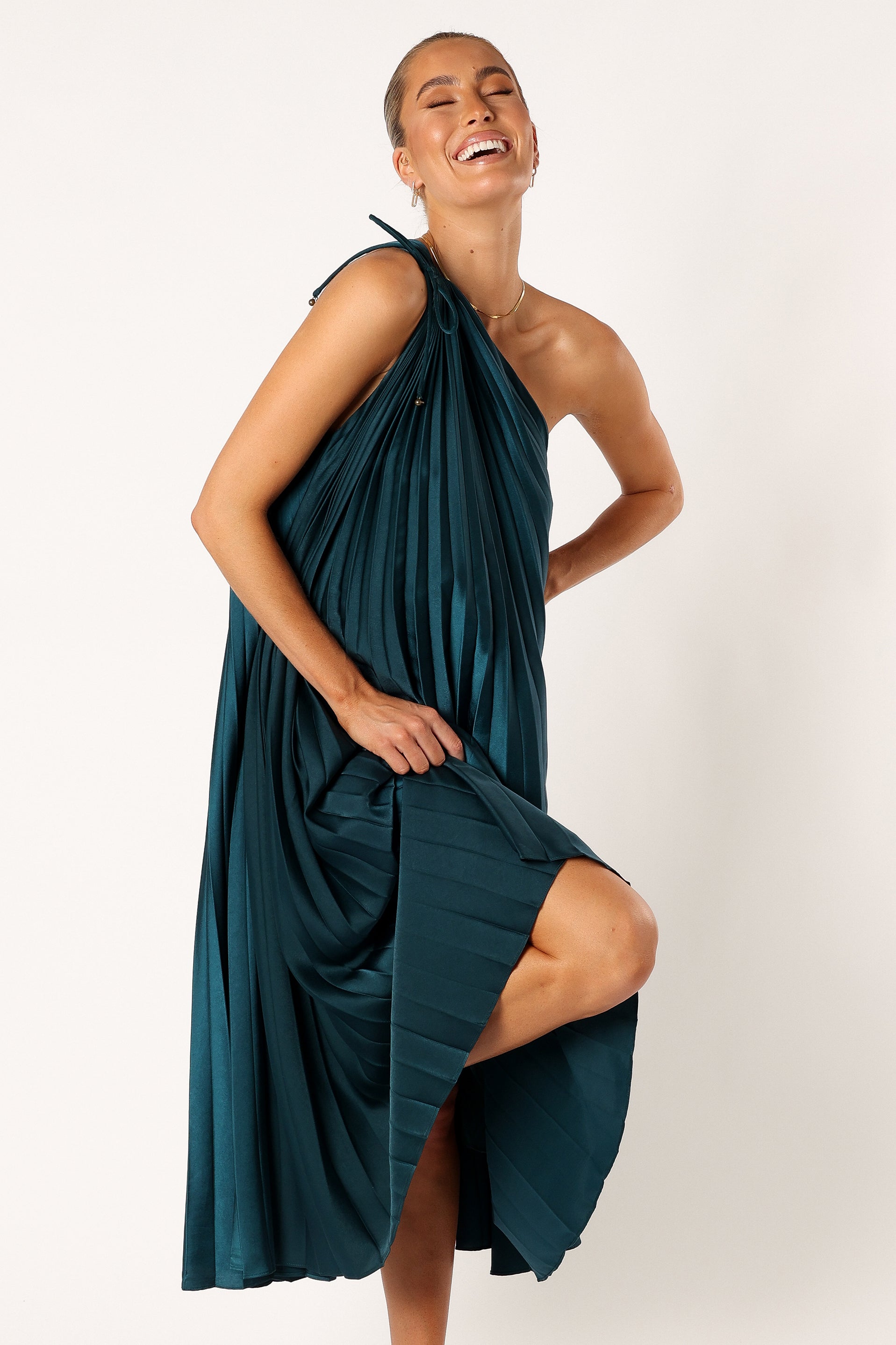 DRESSES @Selena One Shoulder Midi Dress - Emerald