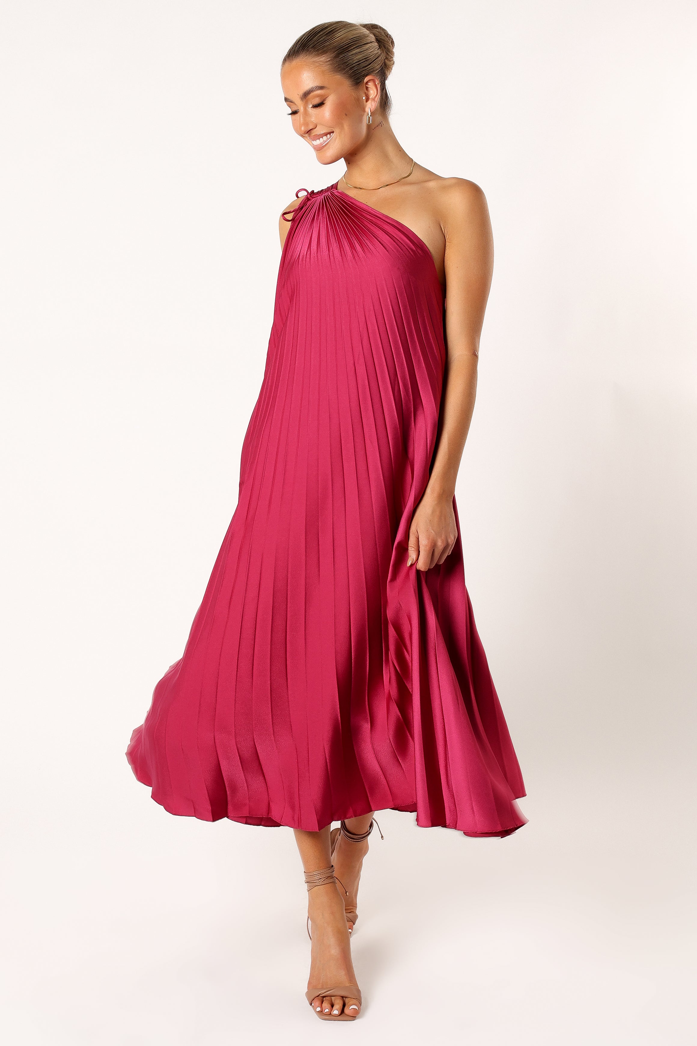 DRESSES @Selena One Shoulder Midi Dress - Viva Magenta