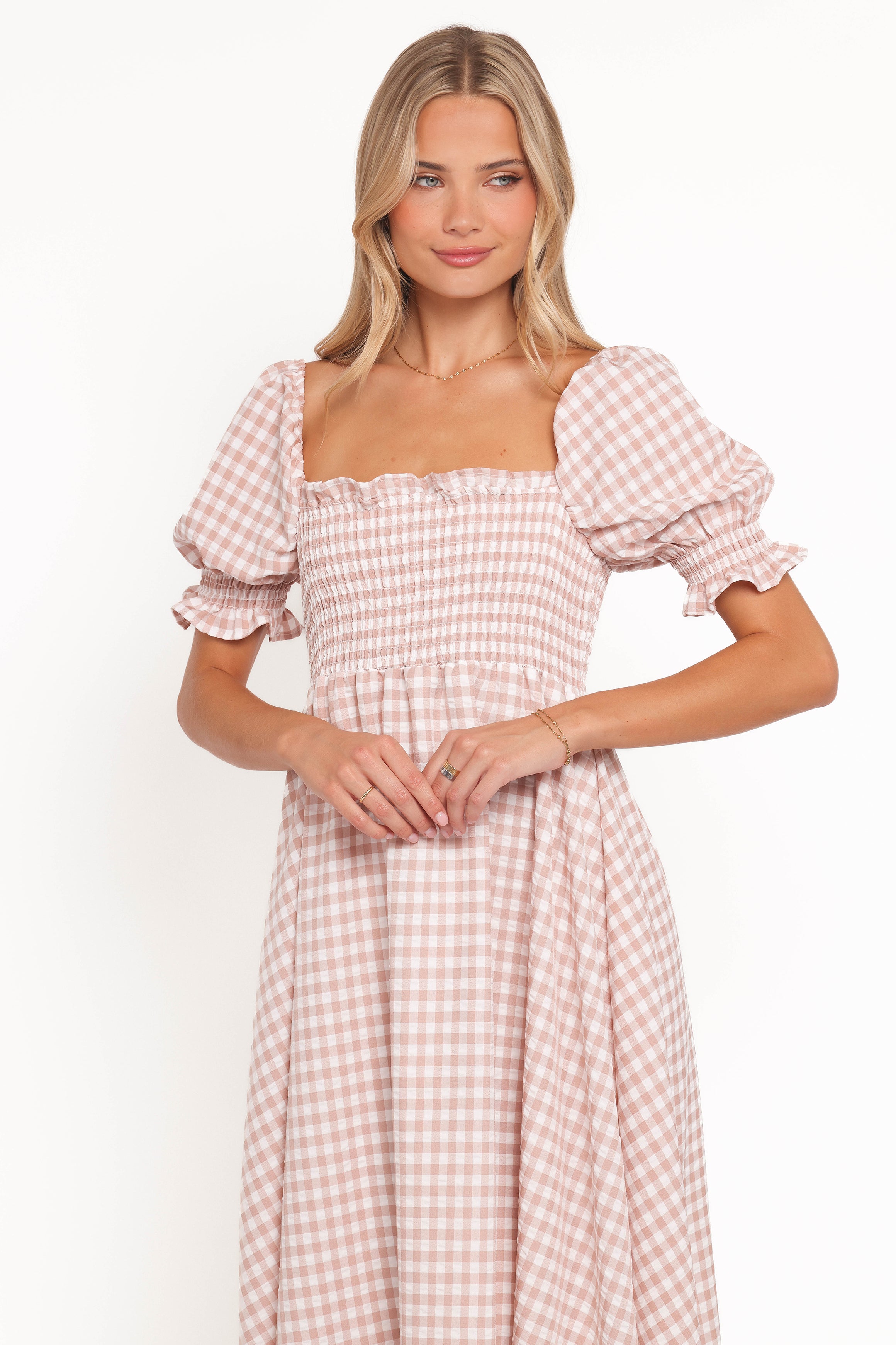 DRESSES Siun Short Sleeve Midi Dress - Brown Gingham