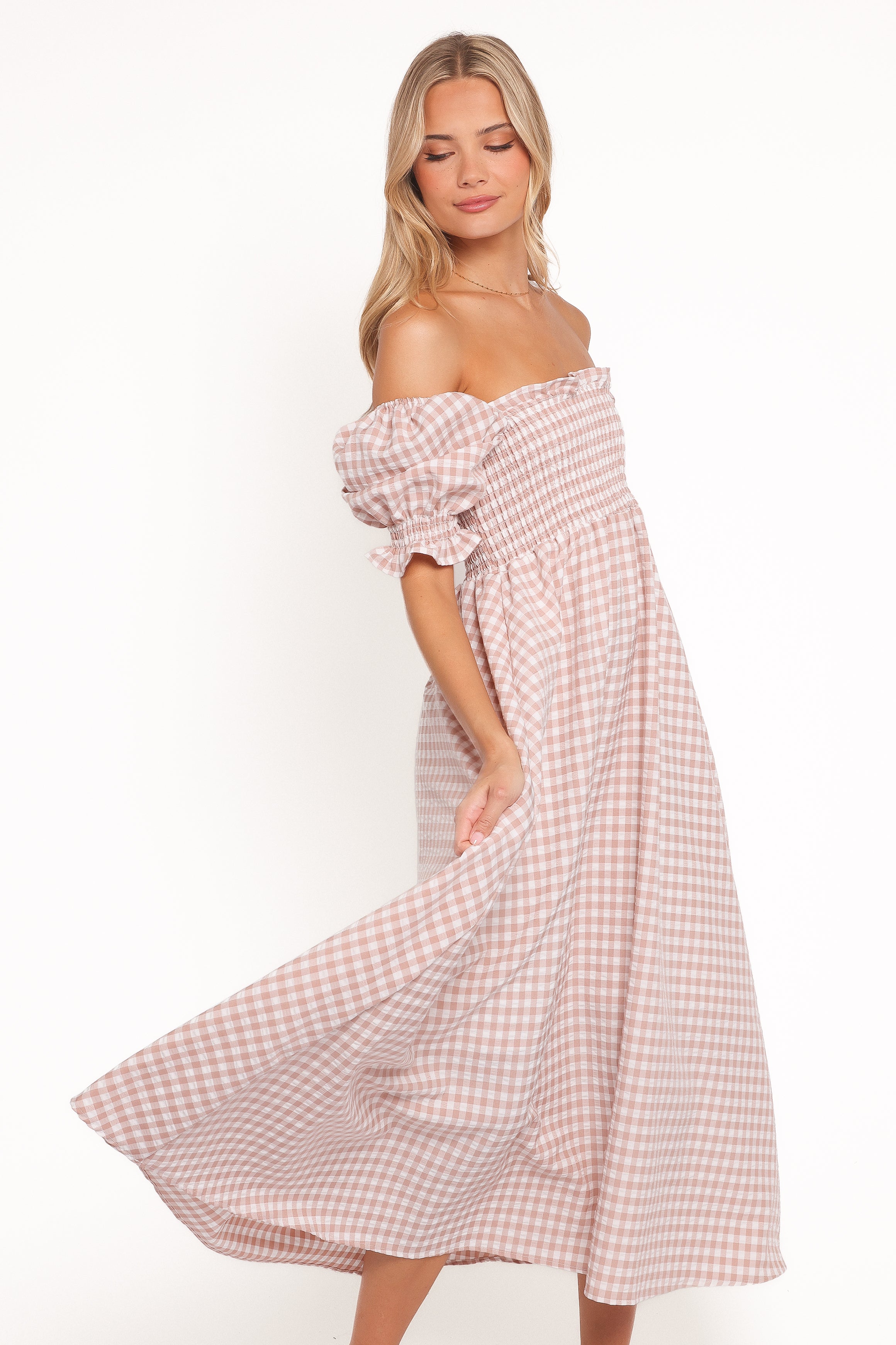 DRESSES Siun Short Sleeve Midi Dress - Brown Gingham