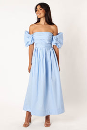 DRESSES @Solana Off Shoulder Midi Dress - Blue