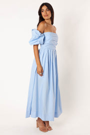 DRESSES @Solana Off Shoulder Midi Dress - Blue