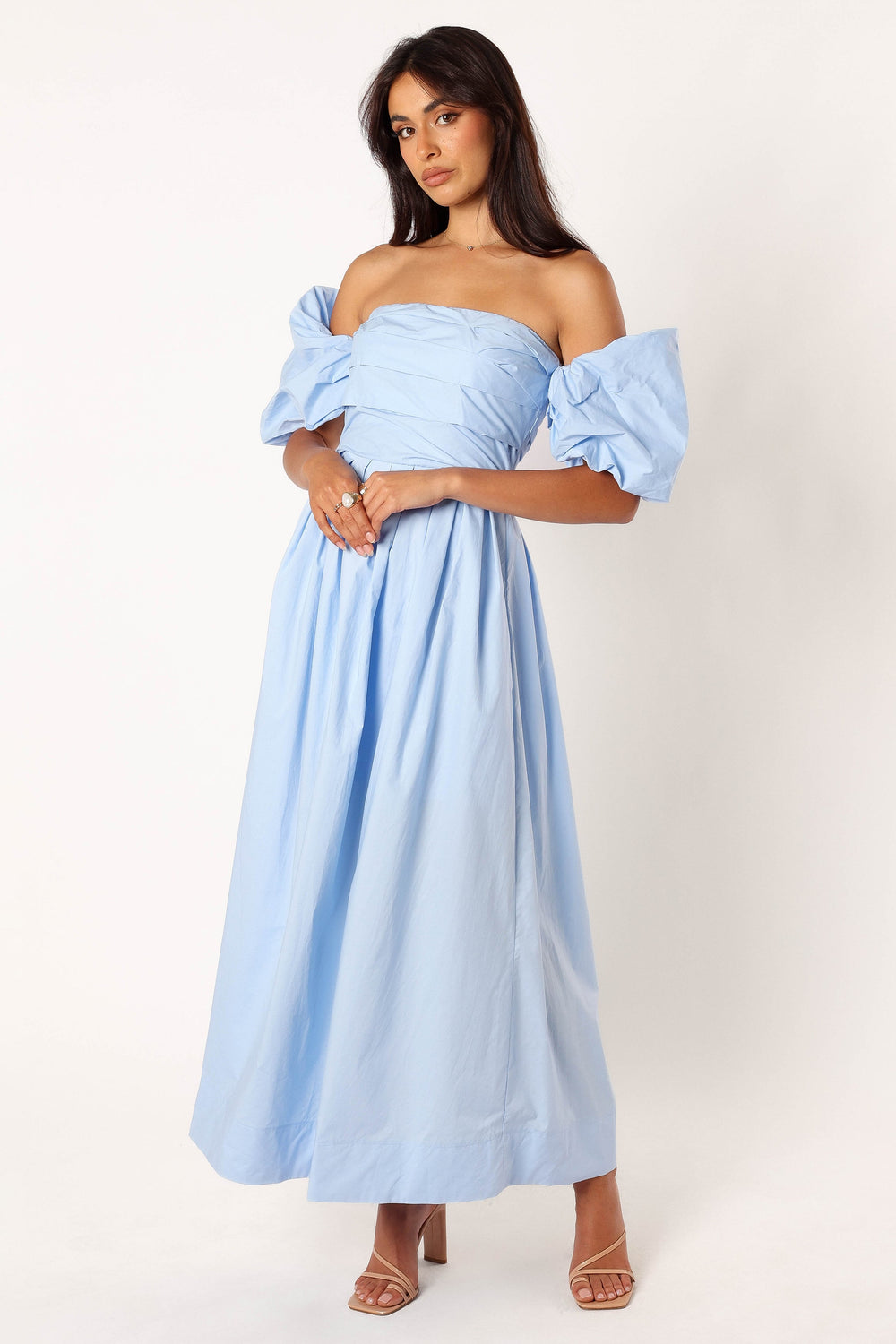 DRESSES @Solana Off Shoulder Midi Dress - Blue