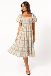 DRESSES @Soliel Puff Sleeve Midi Dress - Beige Black