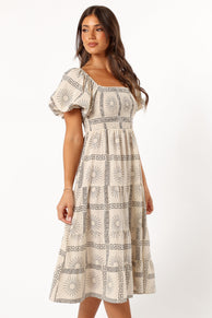 DRESSES @Soliel Puff Sleeve Midi Dress - Beige Black