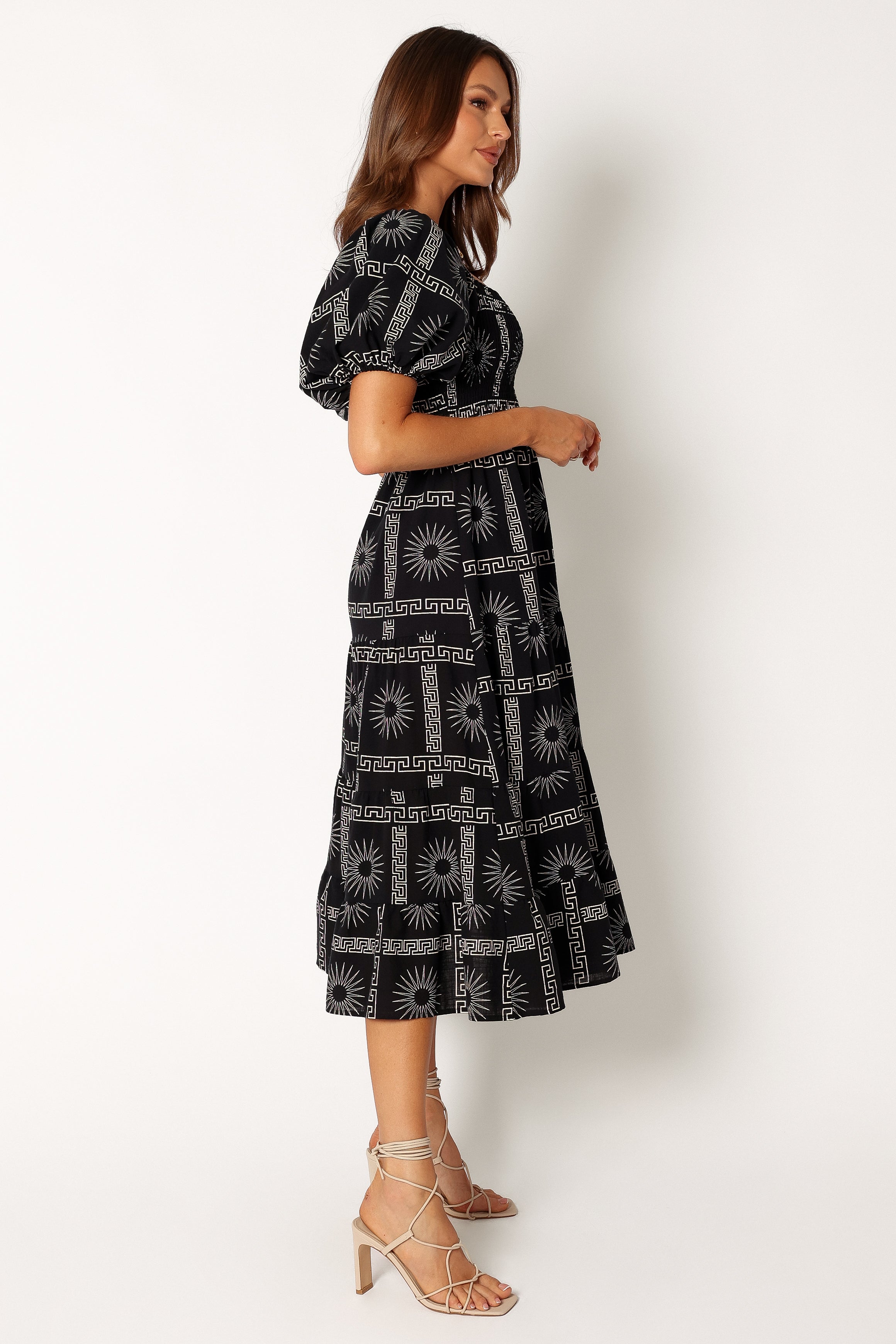 DRESSES @Soliel Puff Sleeve Midi Dress - Black Tan