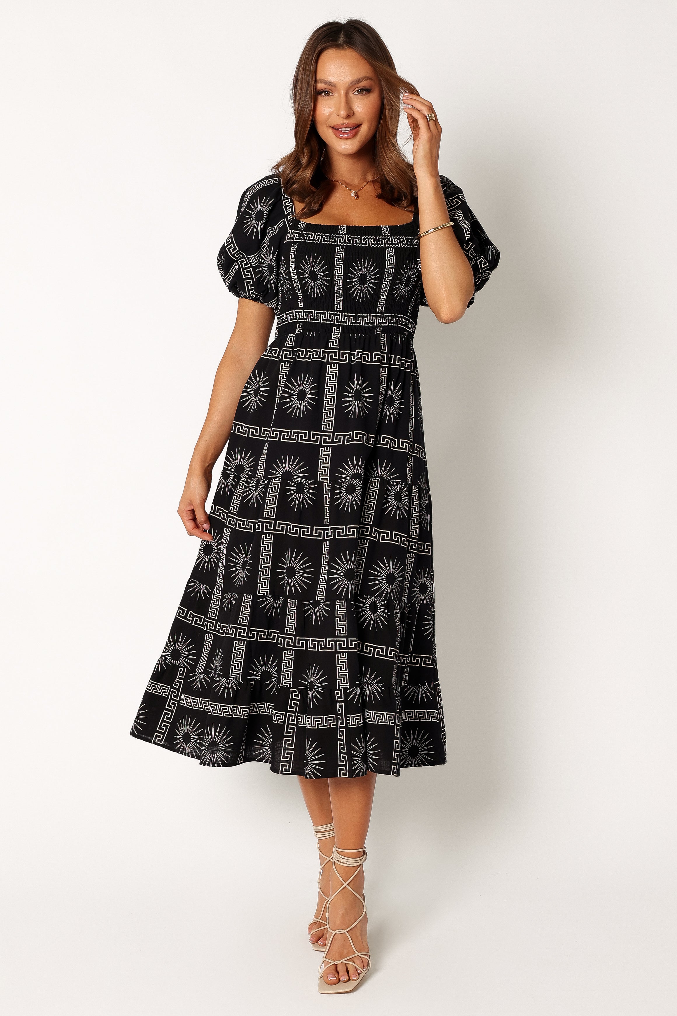 DRESSES @Soliel Puff Sleeve Midi Dress - Black Tan