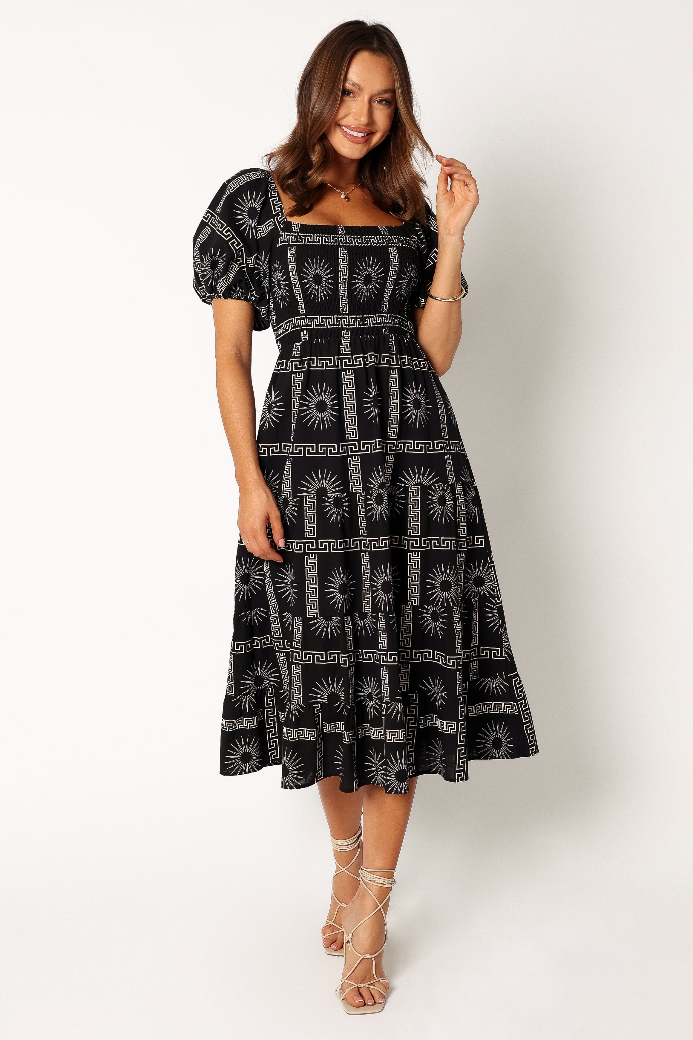 DRESSES @Soliel Puff Sleeve Midi Dress - Black Tan