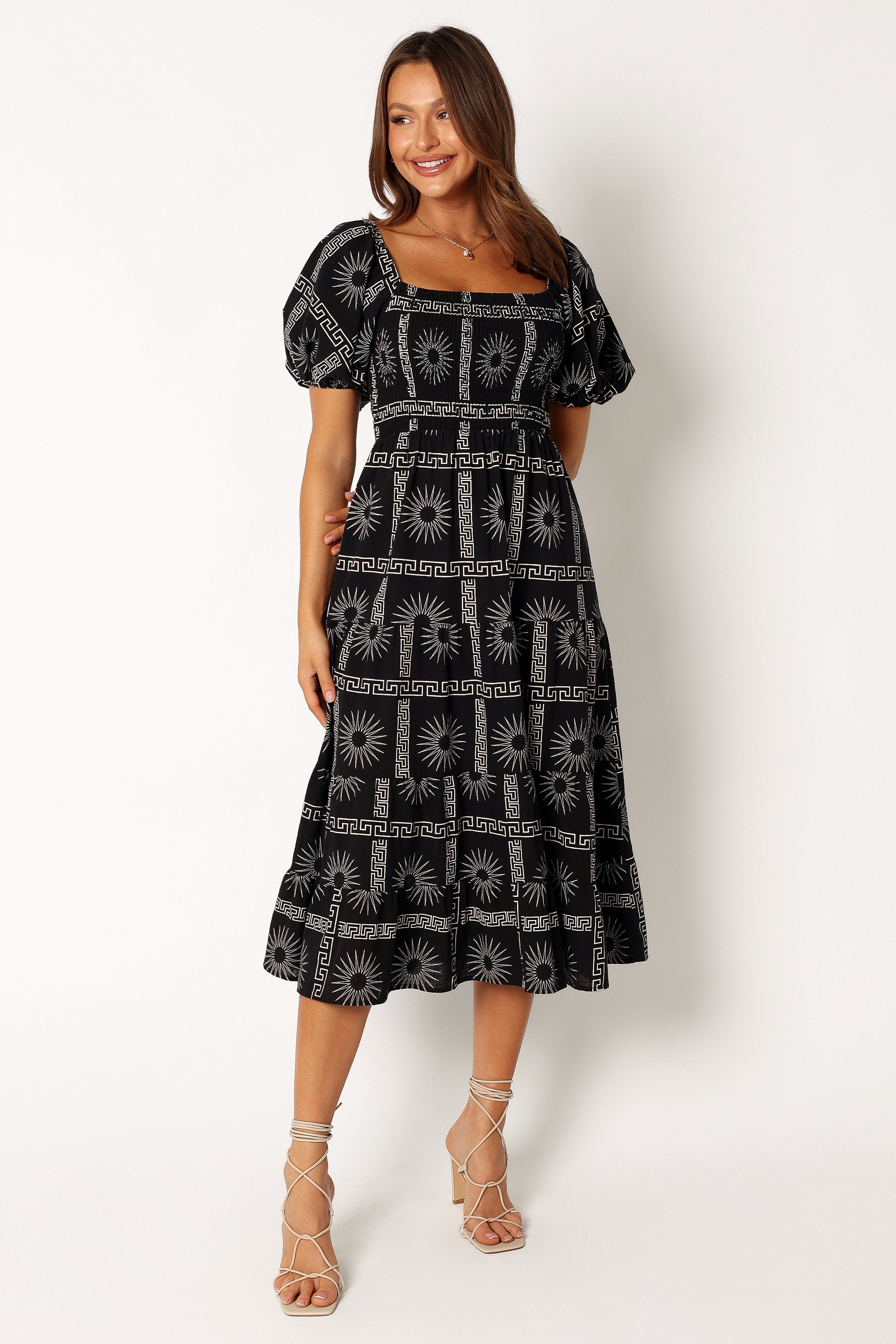 DRESSES @Soliel Puff Sleeve Midi Dress - Black Tan