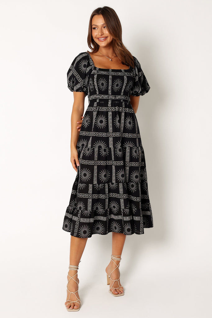 Soliel Puff Sleeve Midi Dress - Black Tan - Petal & Pup