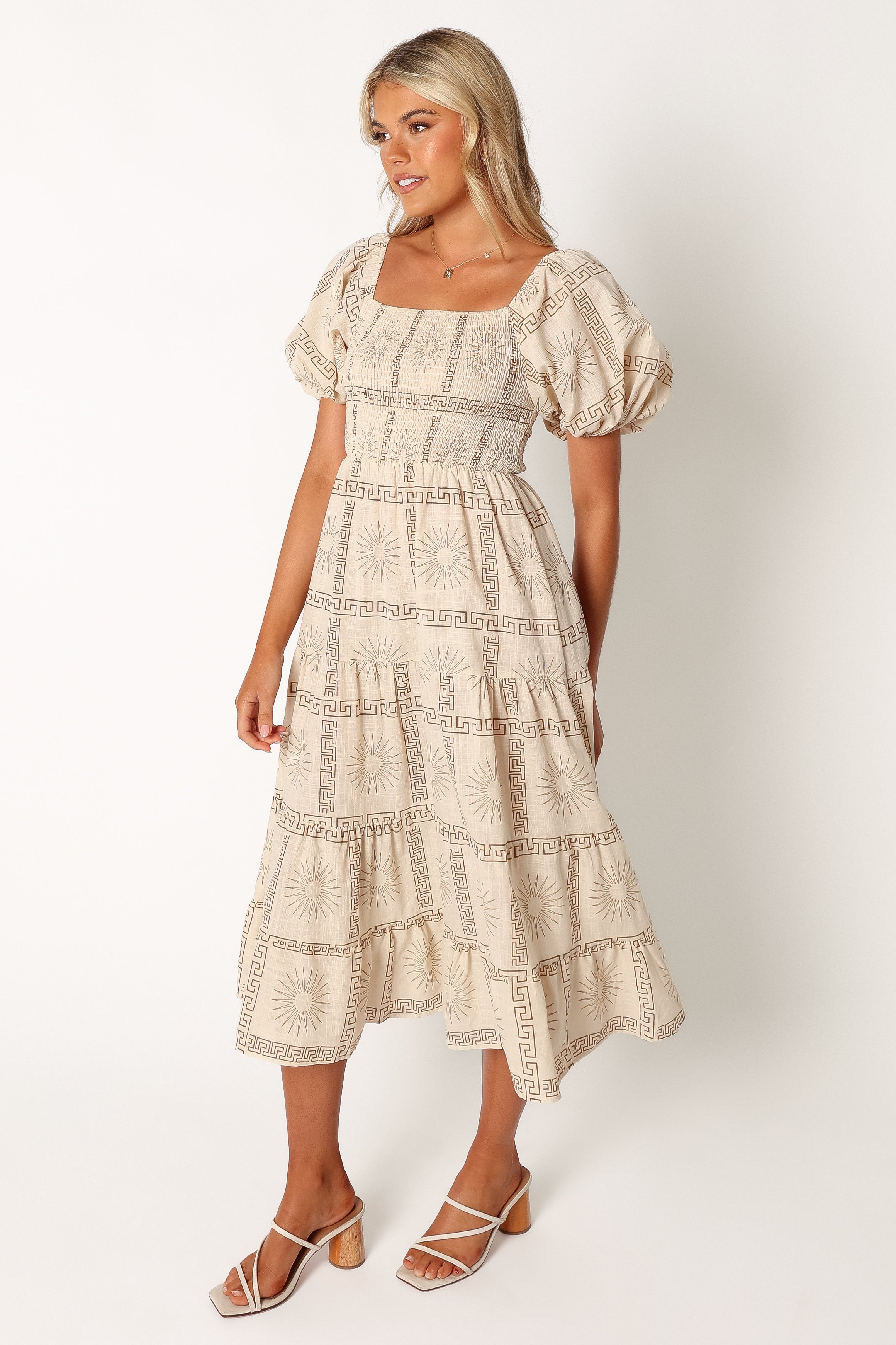 DRESSES @Soliel Puff Sleeve Midi Dress - White Tan