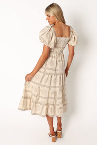 DRESSES @Soliel Puff Sleeve Midi Dress - White Tan