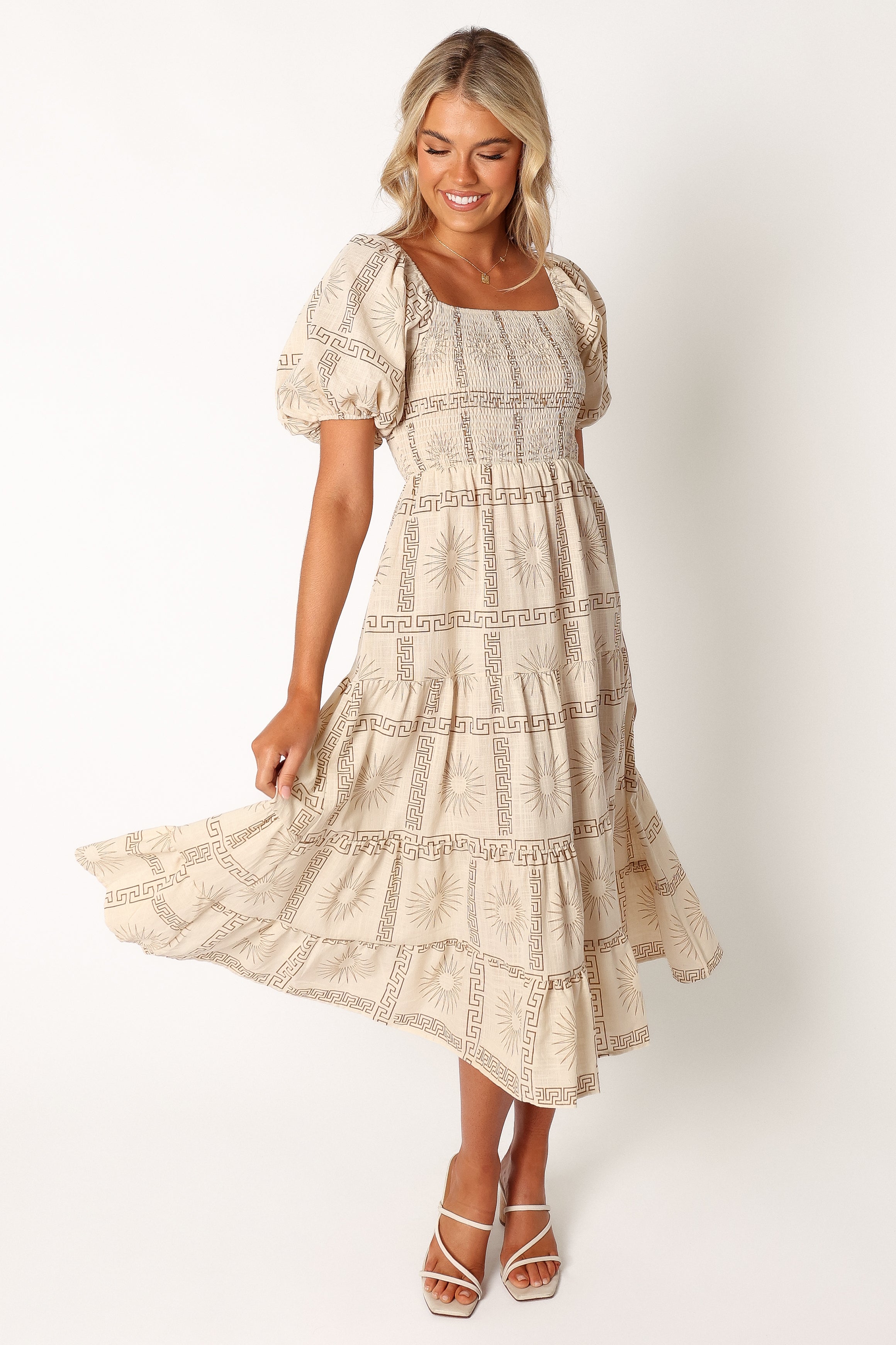 DRESSES @Soliel Puff Sleeve Midi Dress - White Tan