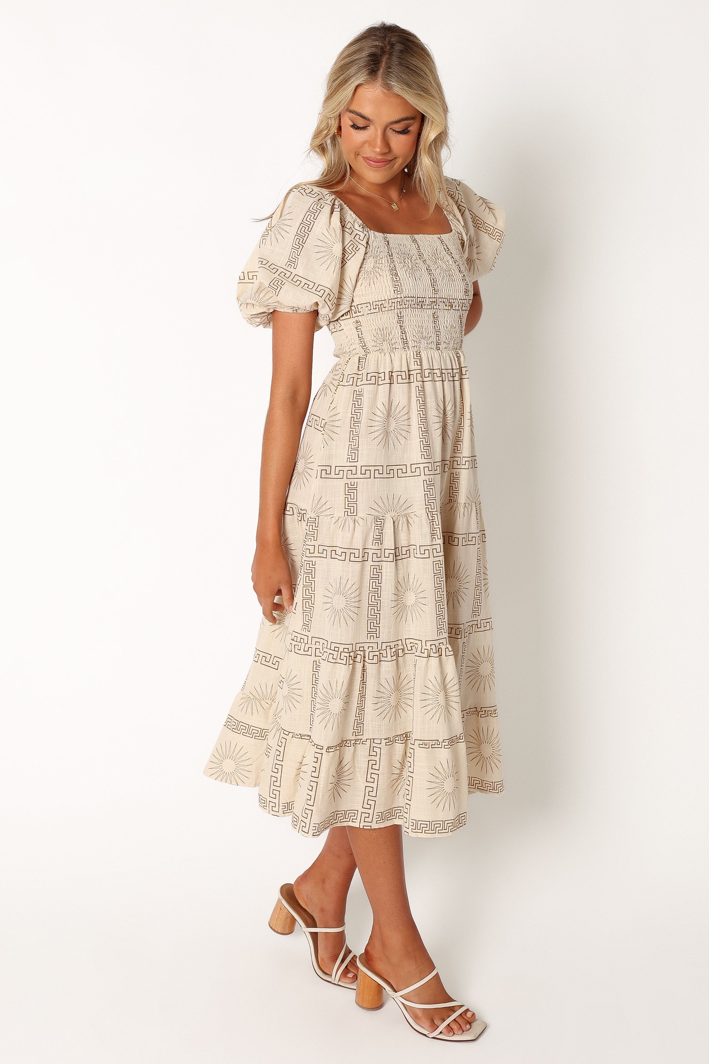 DRESSES @Soliel Puff Sleeve Midi Dress - White Tan