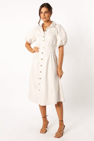 DRESSES @Sollie Puff Sleeve Midi Dress - White