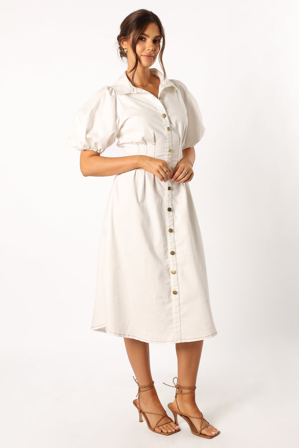 DRESSES @Sollie Puff Sleeve Midi Dress - White