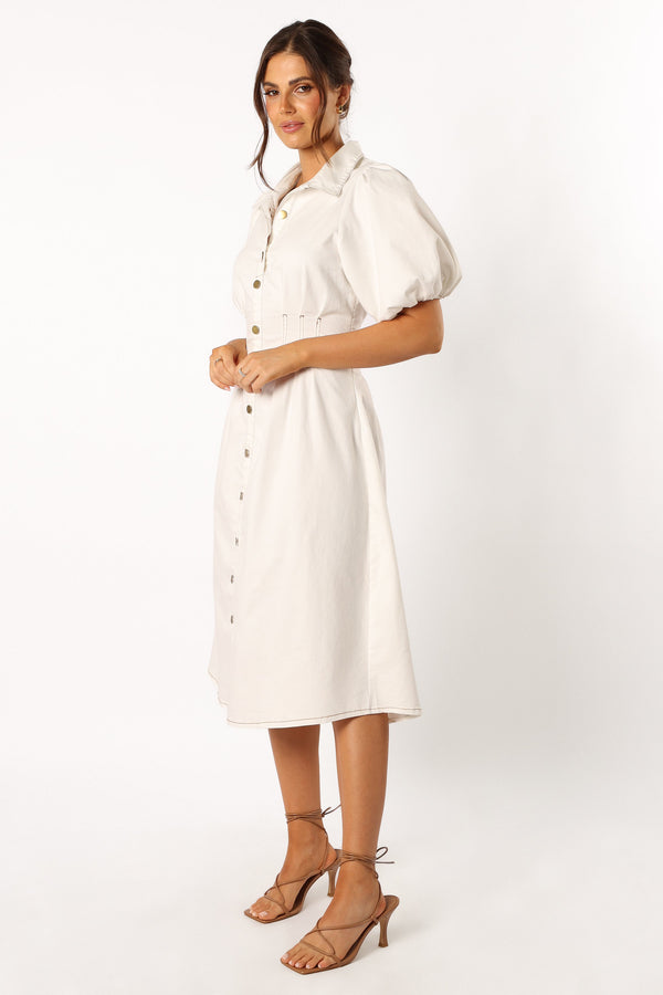 DRESSES @Sollie Puff Sleeve Midi Dress - White