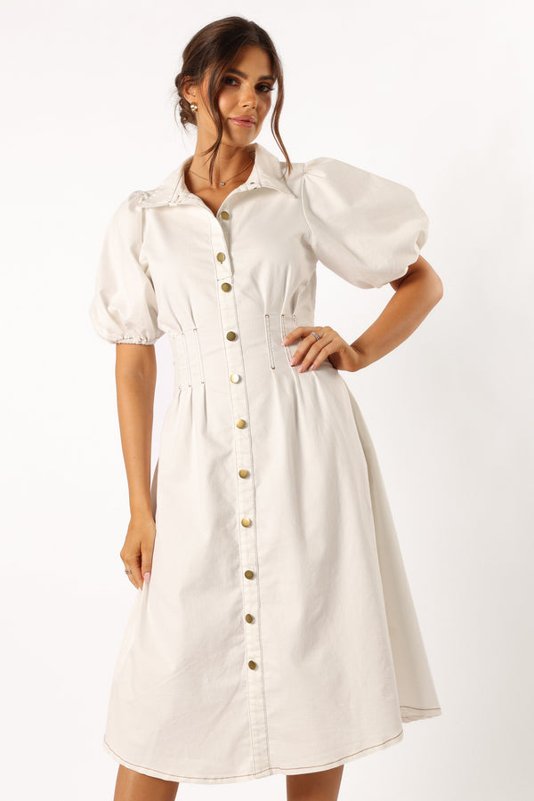 DRESSES @Sollie Puff Sleeve Midi Dress - White