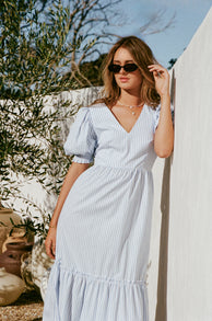 DRESSES Steele Puff Sleeve Midi Dress - Blue Stripe