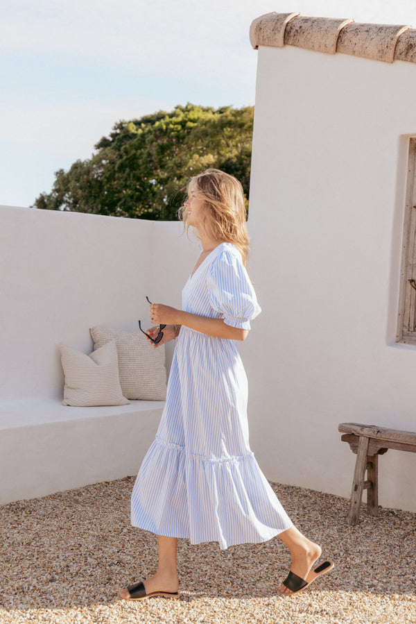 Clo Puff Sleeve Midi Dress - Blue Stripe | Petal & Pup Clo Puff Sleeve Midi Dress - Blue Stripe | Petal & Pup