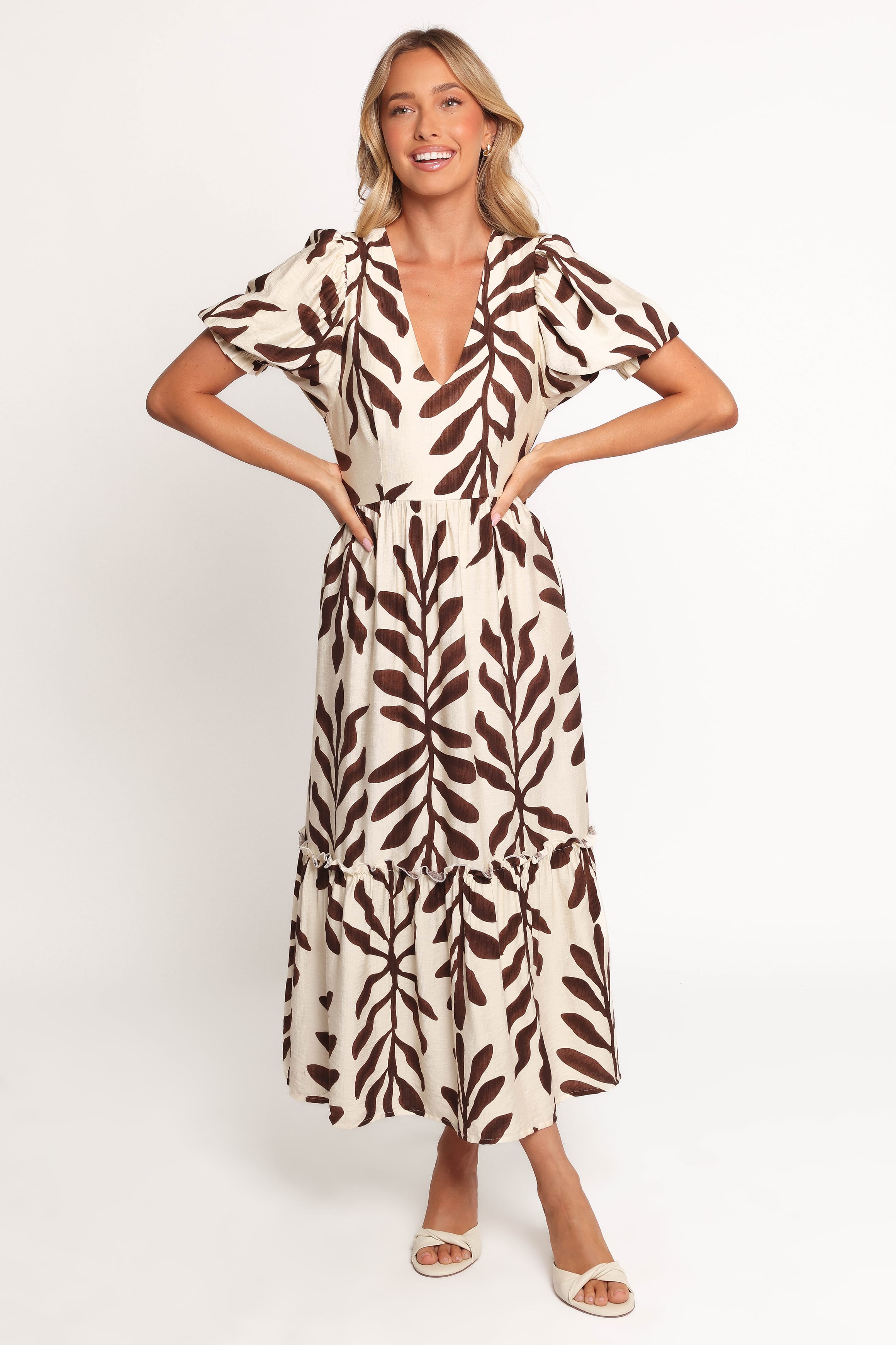 DRESSES Steele Puff Sleeve Midi Dress - Brown Palm