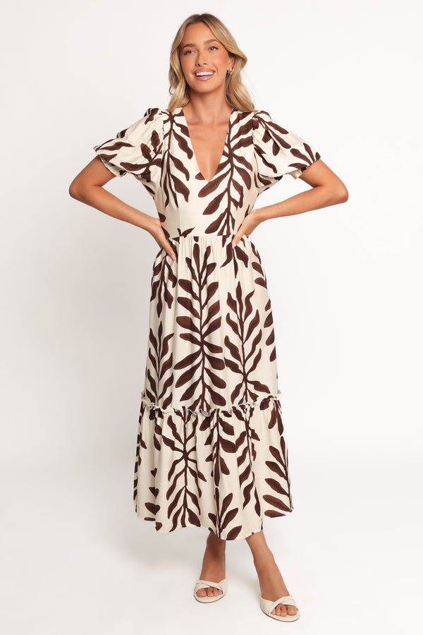 DRESSES Steele Puff Sleeve Midi Dress - Brown Palm