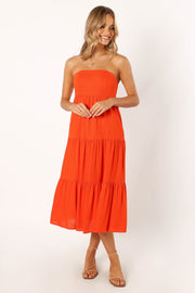 DRESSES @Tabi Strapless Midi Dress - Coral Red