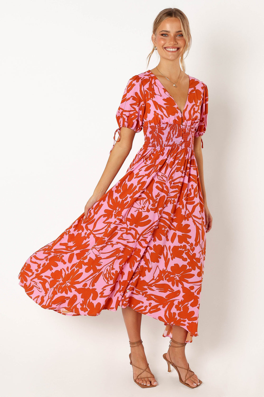 DRESSES @Tanni Midi Dress - Orange Print