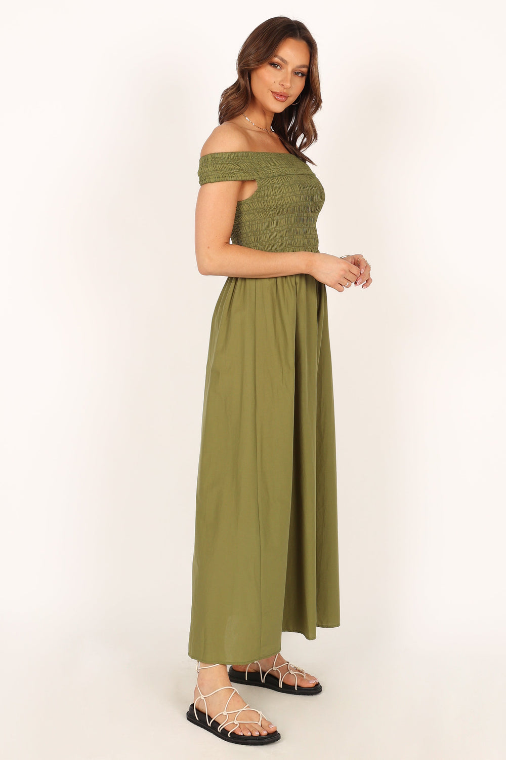 DRESSES @Tessa Off Shoulder Midi Dress - Olive