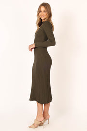 DRESSES @Theo Long Sleeve Midi Dress - Khaki