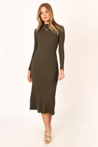 DRESSES @Theo Long Sleeve Midi Dress - Khaki